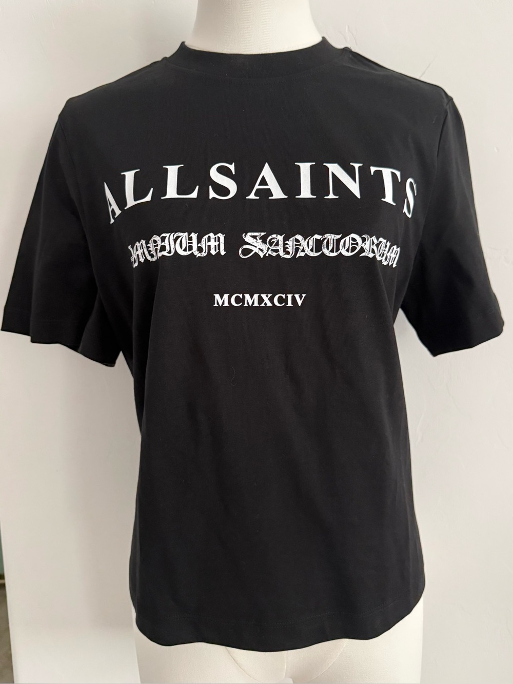 All Saints Black Crewneck Logo Tee with White Print